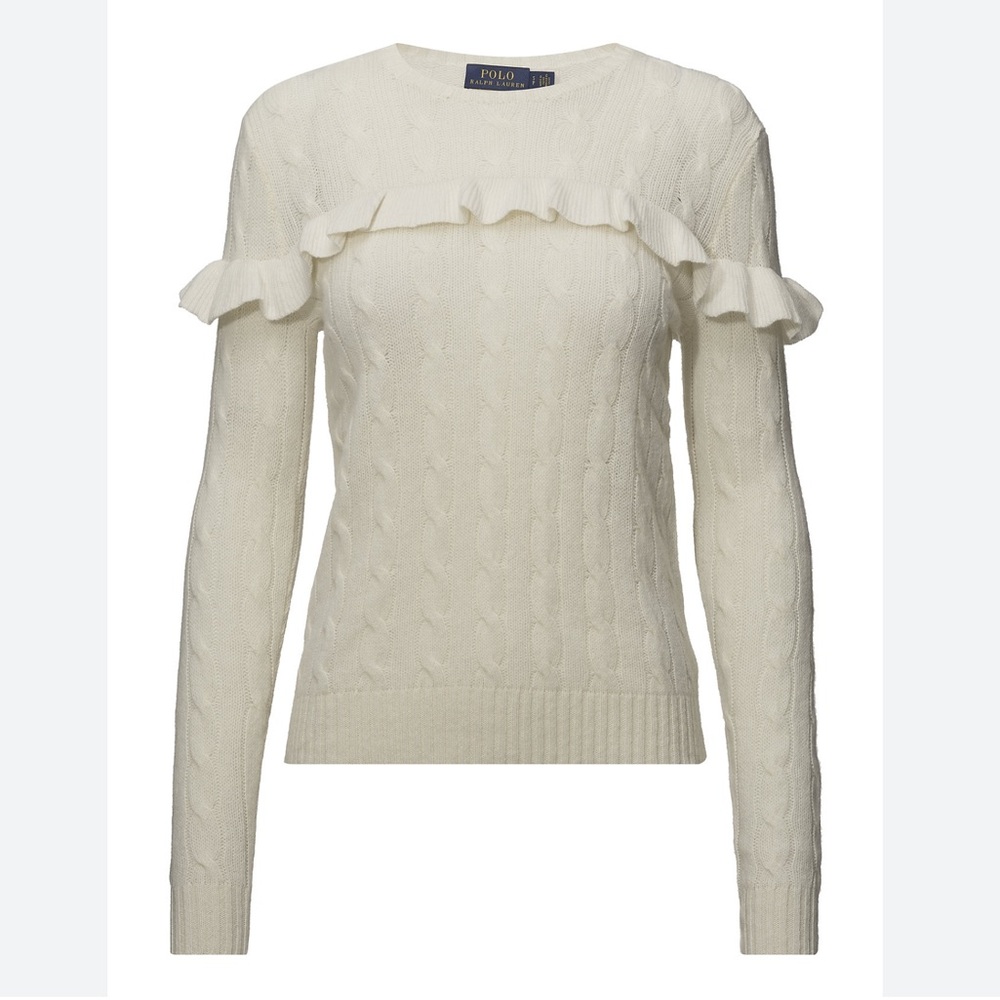 Polo Ralph Lauren Ivory Cable-Knit Ruffle  Merino Wool & Cashmere Sweater S